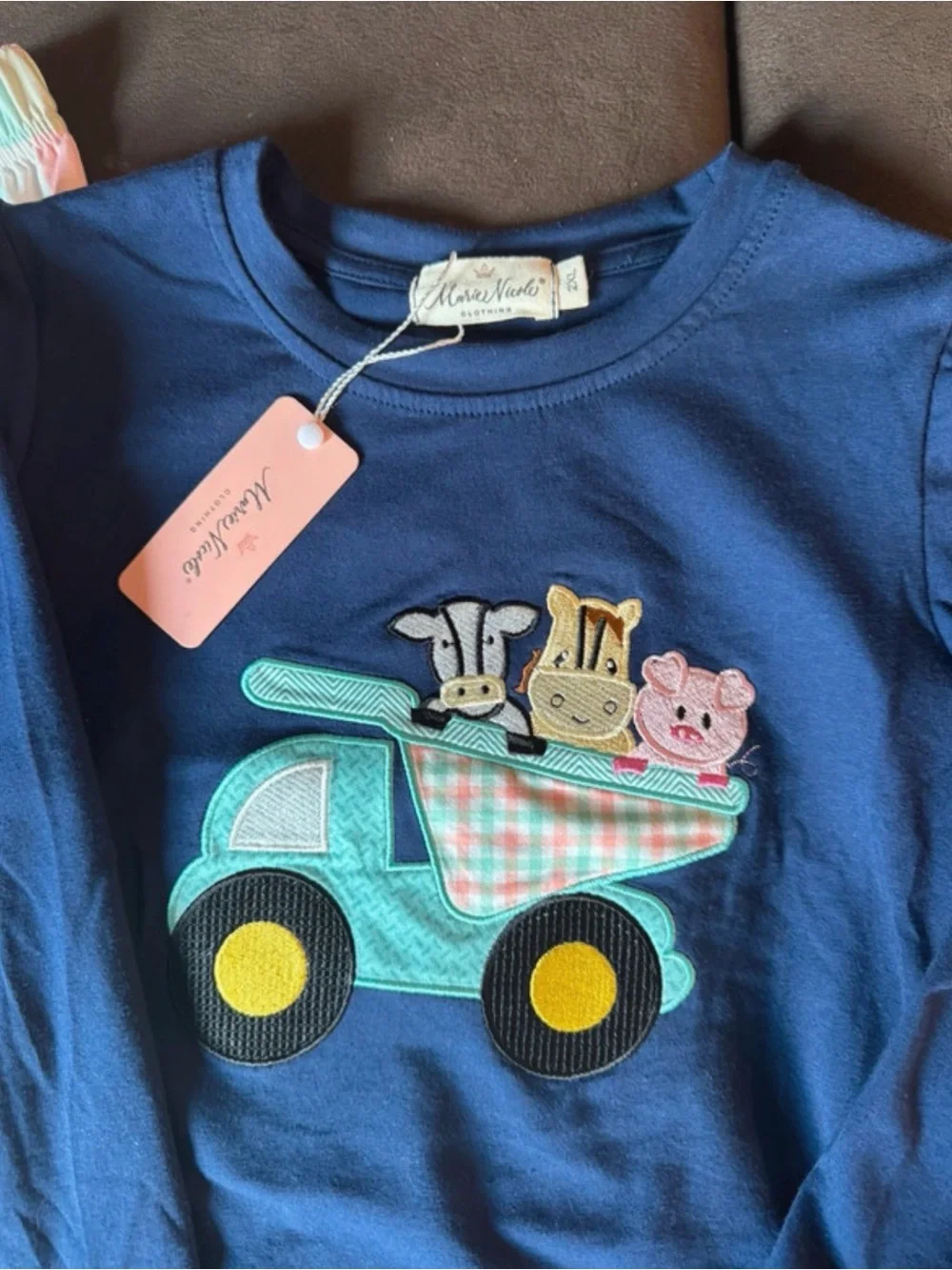 NEW Marie Nicole Navy Blue Truck Appliqué Set with Pink & Mint Plaid Pants 6T